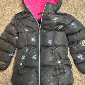 Limited Too Girls Black & Pink Puffer Coat With UNICORNS Hood Sz 4 VINTAGE